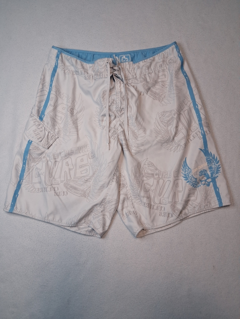 Men's Light Beige Swim Board Shorts with Sky Blue Trim